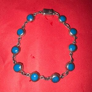 Vintage Mexico Sterling Silver Marked Bracelet  Turquoise Stones 7 In Stunning